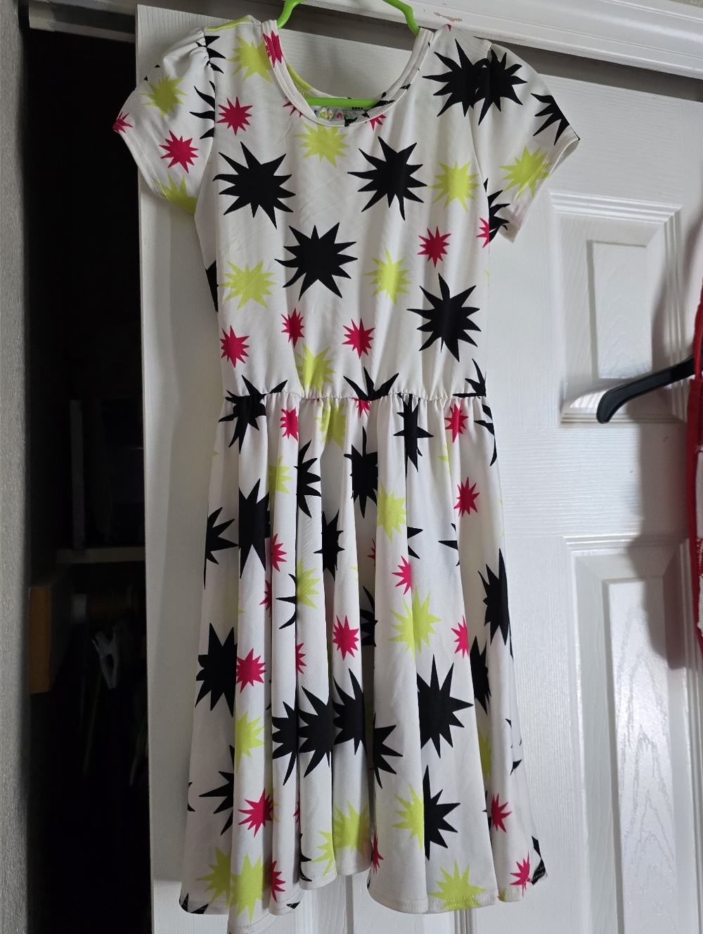 Girls' White Starburst Print Dress with Black, Pink & Lime Accents 3/4